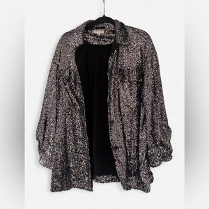 Topshop Black and Silver Sequin Button Down Shirt